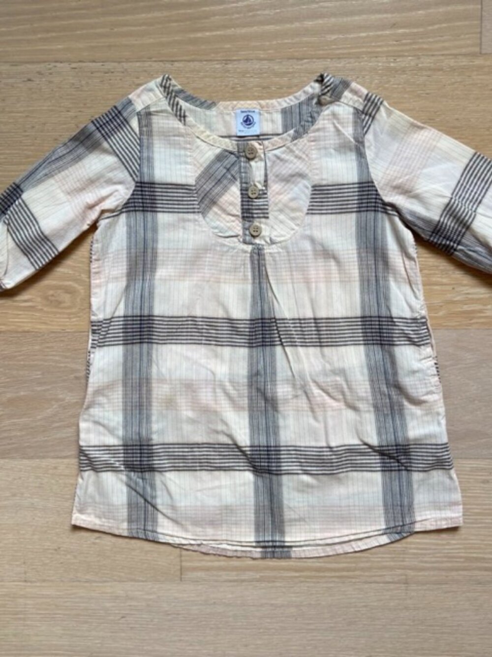 Petit Bateau Toddler Dress, size; 3T, Beige brown cotton plaid, button bib front